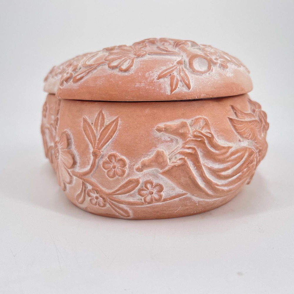 Vintage Terracotta Heart Trinket Box Embossed Angel Bird Floral Lidded Korea - Picture 11 of 11